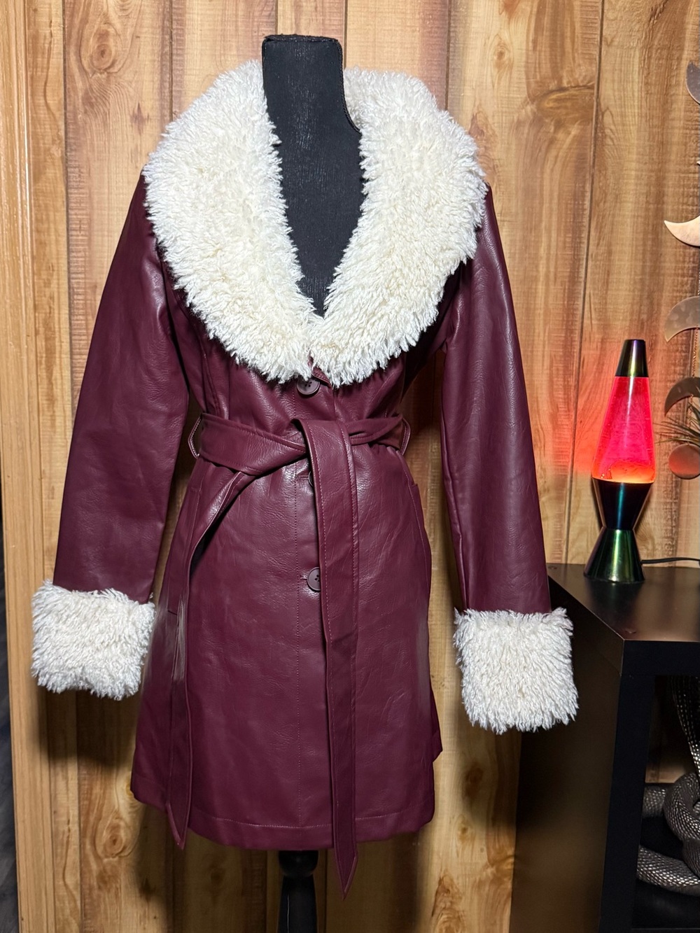 SO Burgundy Faux Leather Trench Coat with Cream Sherpa Trim